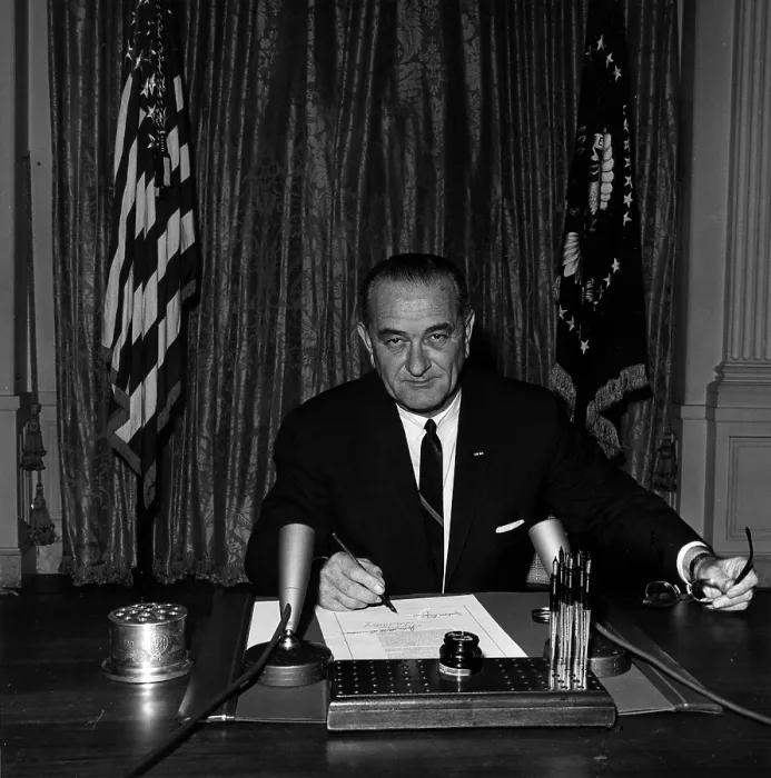 Framed Print : Vietnam War. President Lyndon B. Johnson signs Tonkin Gulf Resolution, August 7, 1964. This joint resolution of Congress gave President Lyndon Johnson authority to increase U.S