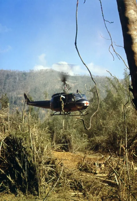 Framed Print : Vietnam War, South Vietnam, A UH-1D Medevac helicopter takes off to pick up an injured member of the 101st Airborn Division near the demilitarized zone, circa late 1960s