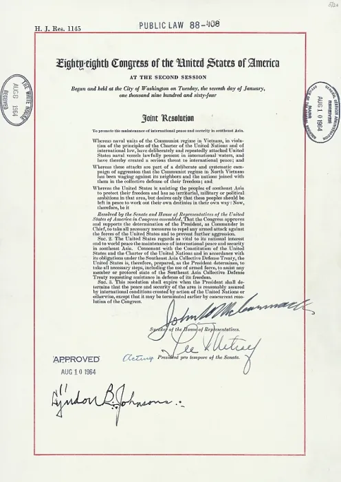 Framed Print : Vietnam War. Tonkin Gulf Resolution, August 7, 1964. This joint resolution of Congress gave President Lyndon Johnson authority to increase U.S. involvement in the Vietnam War Framed Print : Vietnam War. Tonkin Gulf Resolution, August 7, 1964. This joint resolution of Congress gave President Lyndon Johnson authority to increase U.S. involvement in the Vietnam War