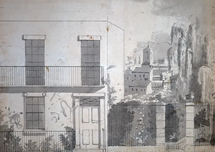 Framed Print : View of an American city, showing a home with wrought iron fence, stone gate, and weeping willow in the foreground, looking toward roofs and steeple in the city. 1812