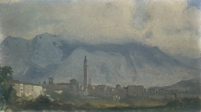 Framed Print : View of Belluno and Mount Serva covered with clouds, by Ippolito Caffi, 1859, 19th century, oil on canvas - Italy, Veneto, Belluno, Civic Museum. Whole artwork view Framed Print : View of Belluno and Mount Serva covered with clouds, by Ippolito Caffi, 1859, 19th century, oil on canvas - Italy, Veneto, Belluno, Civic Museum. Whole artwork view