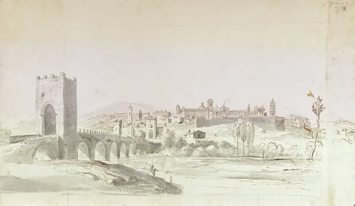 Framed Print : View of a Bridge on a River with a City on the Opposite Bench, by Gaspar Van Wittel said Gaspare Vanvitelli, 17th Century, pen, ink and watercolor on paper - Italy, Lazio, Rome