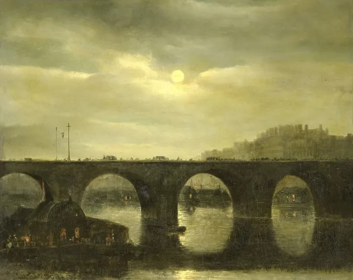 Framed Print : View of a Bridge on the Seine in Paris by Moonlight, by Antonie Waldorp, 1835, Dutch oil painting, on canvas Framed Print : View of a Bridge on the Seine in Paris by Moonlight, by Antonie Waldorp, 1835, Dutch oil painting, on canvas