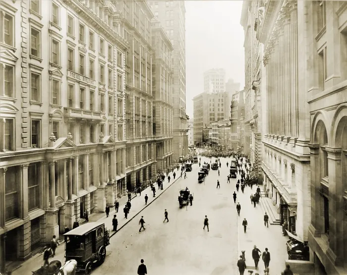 Framed Print : View down Broad street from its intersection with Wall Street. At right are the columns of the New York Stock Exchange Framed Print : View down Broad street from its intersection with Wall Street. At right are the columns of the New York Stock Exchange