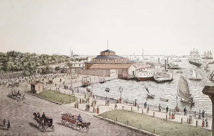 Framed Print : View of Castle Garden in New York Harbor c. 1850-1890. Ferry boats delivered passengers from their ocean crossing ships to the government immigrant station