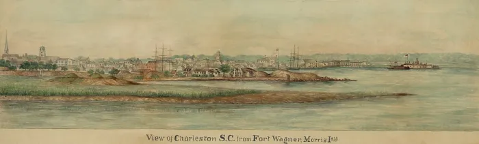 Framed Print : View of Charleston, South Carolina from Fort Wagner, on Morris Island, c. 1860s. At far left is the steeple of St Framed Print : View of Charleston, South Carolina from Fort Wagner, on Morris Island, c. 1860s. At far left is the steeple of St