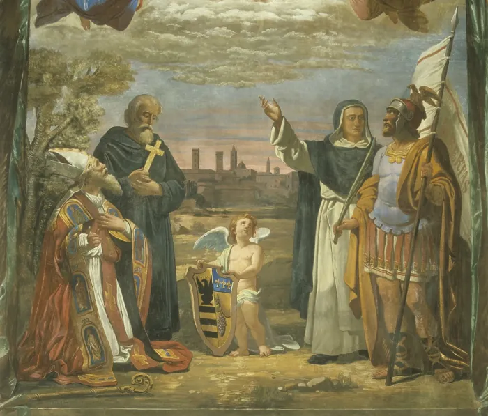 Framed Print : View of the city of Forl and the saints Mercurial, Pilgrim, and Valerian Marcolino (Veduta della citt di Forl e i santi Mercuriale, Pellegrino, Marcolino e Valeriano)