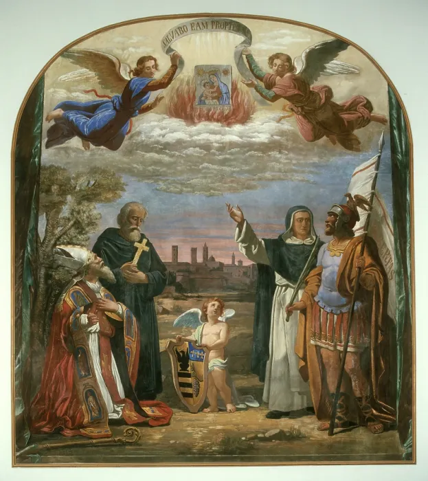 Framed Print : View of the city of Forl and the saints Mercurial, Pilgrim, Marcolino and Valerian (Veduta della citt di Forl e i santi Mercuriale, Pellegrino, Marcolino e Valeriano)