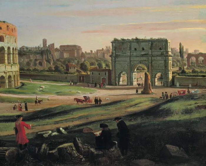 Framed Print : View of the Colosseum with the arch of Constantine. ca. 1716. Right detail of the Arch of Constantine. Dutch School. Baroque art. Oil on canvas. ITALY. Turin