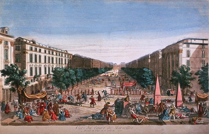 Framed Print : View of the Cours Belsunce in Marseilles in 1720, with plague victims in the foreground and along the boulevard