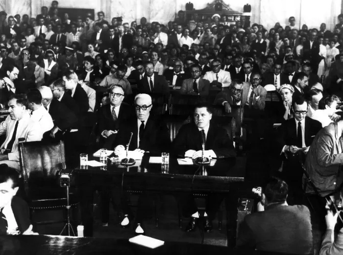 Framed Print : View in the crowded Caucus Room in the Senate Office Building as James R. Hoffa (on right), began his testimony before the Senate Labor Rackets Comittee Framed Print : View in the crowded Caucus Room in the Senate Office Building as James R. Hoffa (on right), began his testimony before the Senate Labor Rackets Comittee