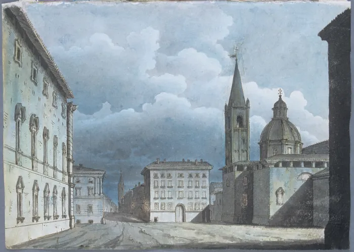 Framed Print : View from the Current Oderlaffi Square in Forl, by Romolo Liverani, 19th century, ink and watercolour on lihgt-blue squared paper - Italy, Emilia Romagna, Forl, Civic Library