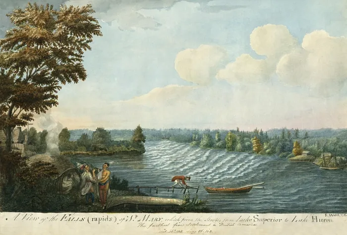 Framed Print : A VIEW OF THE FALLS OF ST. MARY, WHICH FORM THE STRAITS FROM LAKE SUPERIOR TO LAKE HURON, by Edward Walsh, August 20, 1804