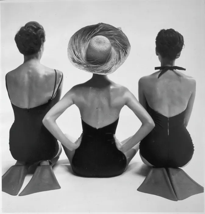 Framed Print : Back view of fashion models in swim suits, two kneeling wearing swim fins, and one seated, photograph by Toni Frissell, circa 1950 Framed Print : Back view of fashion models in swim suits, two kneeling wearing swim fins, and one seated, photograph by Toni Frissell, circa 1950