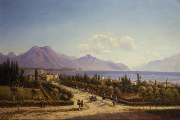 Framed Print : View of the Garda Lake, by Ercole Calvi, 1865 - 1870, 19th Century, canvas - Private collection. Whole artwork view. Lake landscape Framed Print : View of the Garda Lake, by Ercole Calvi, 1865 - 1870, 19th Century, canvas - Private collection. Whole artwork view. Lake landscape