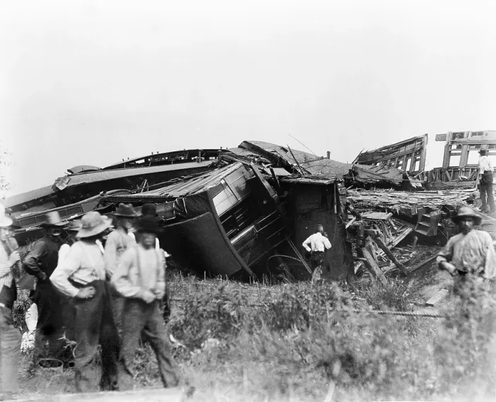 Framed Print : View of the great railroad wreck, The most appalling railroad disaster on the Continent, a portion of the nine cars which were piled in a space 40 x 60 feet, near Chatsworth