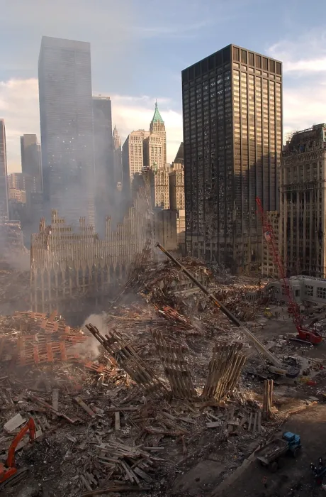 Framed Print : View of Ground Zero from the northwest after the 9-11 terrorist attacks. In the left foreground are the ruins of the North Tower, and in the center, those of the South Tower Framed Print : View of Ground Zero from the northwest after the 9-11 terrorist attacks. In the left foreground are the ruins of the North Tower, and in the center, those of the South Tower