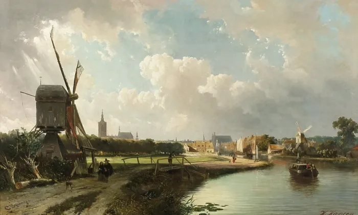 Framed Print : View of The Hague from the Delft Canal in 17th Century, by Kasparus Karsen, and his student, Cornelis Springer, 1852. Dutch 19th century, oil on canvas