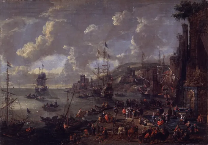 Framed Print : View of a harbor, by Schoevaerdts Mathijs, 1660 - 1700, 17th - 18th Century, oil on canvas, 27, 9 x 40, 4 cm - Italy, Lombardy, Milan, Castello Sforzesco