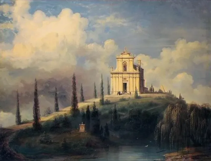 Framed Print : View of the hill with the church - Ossuary at Solferino (Veduta della collina con la chiesa - ossario a Solferino), by Carlo Bossoli, 1877, 19th Century, oil on canvas Framed Print : View of the hill with the church - Ossuary at Solferino (Veduta della collina con la chiesa - ossario a Solferino), by Carlo Bossoli, 1877, 19th Century, oil on canvas
