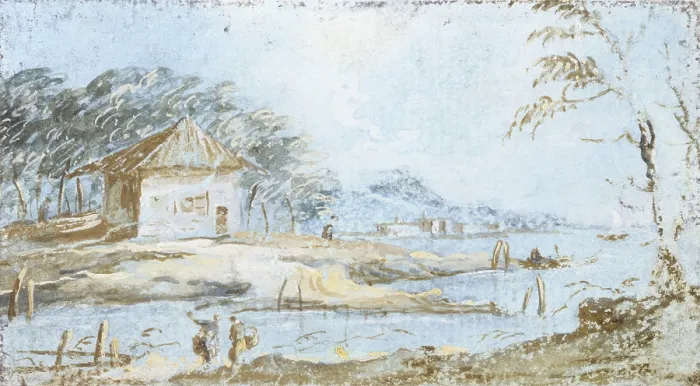 Framed Print : View of a Hut and Lake Bank, Unknown Artist probably Giacomo Guardi, 18th Century, tempera on paper - Italy, Lombardy, Milan, Castello Sforzesco, Civic Collections of Ancient Art