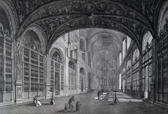Framed Print : View of the interior part of the Church of Mont-Serrat. ca. 1800. Etching. SPAIN. Monistrol de Montserrat. Library of Montserrat Abbey. - P