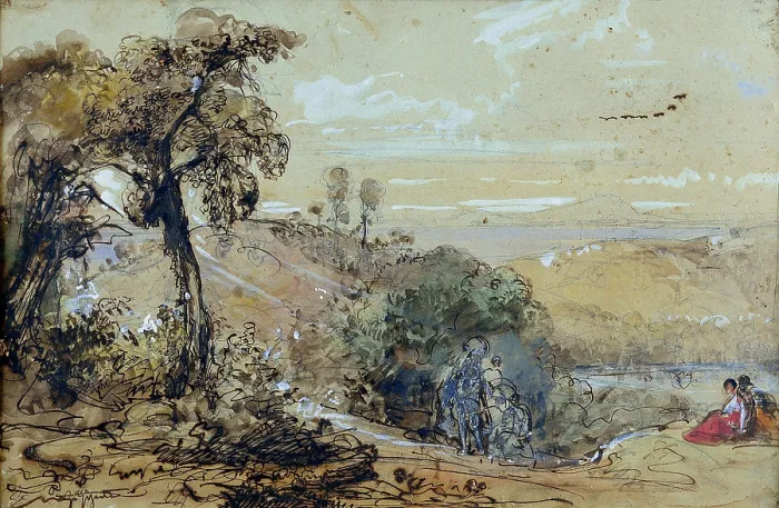 Framed Print : View on the Lake Agnano (Veduta del Lago di Agnano), by Giacinto Gigante, 19th Century, watercolour on canvas - Whole artwork view Framed Print : View on the Lake Agnano (Veduta del Lago di Agnano), by Giacinto Gigante, 19th Century, watercolour on canvas - Whole artwork view