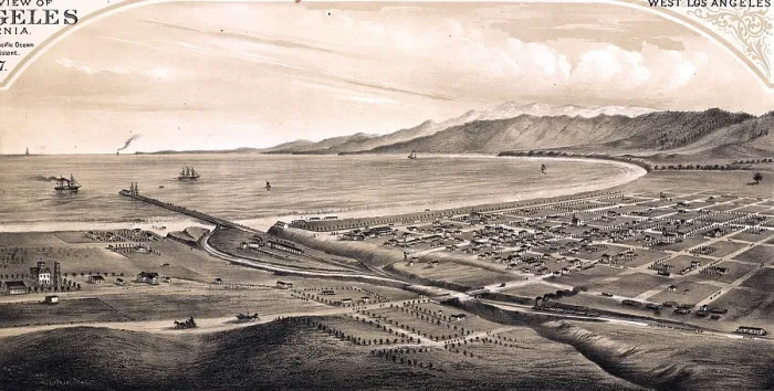 Framed Print : View of Los Angeles, California. Santa Monica, looking south to the Pacific Ocean and Santa Monica Mountains, and Seaport. 1877