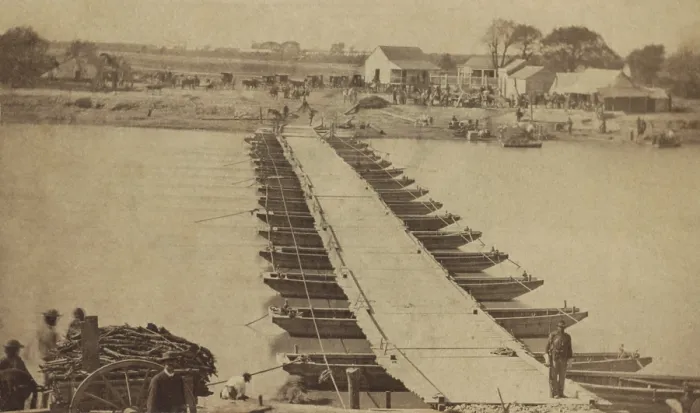 Framed Print : View of Matamoros, Mexico from the US Army pontoon bridge across the Rio Grande River from Brownsville, Texas, in November of 1866