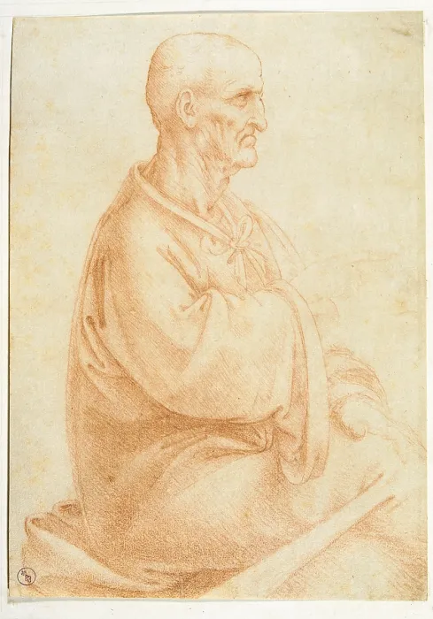 Framed Print : View of an old man seated, by apprentice of Leonardo da Vinci, 15th Century, 1495 about, blood on white paper, mm 180 x 130 - Italy, Piemonte, Turin, Royal Library, Dis. Cart