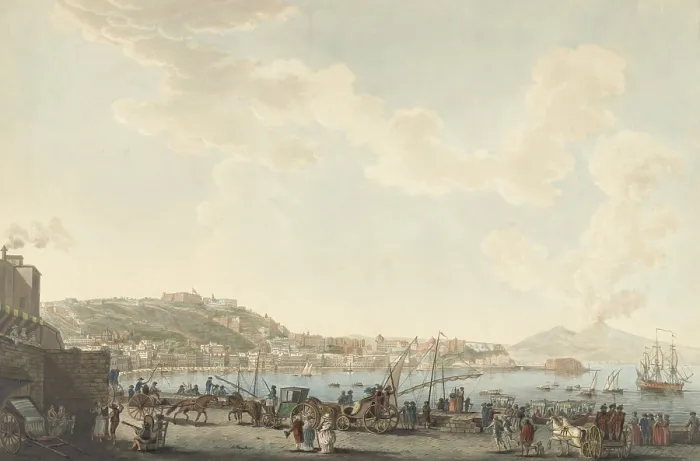 Framed Print : View of the Port of Naples from Posillipo, by Cornelis Apostool, c. 1780-1800, color etching. Wharf is crowded with people and carriages. In distance Mount Vesuvius erupts Framed Print : View of the Port of Naples from Posillipo, by Cornelis Apostool, c. 1780-1800, color etching. Wharf is crowded with people and carriages. In distance Mount Vesuvius erupts
