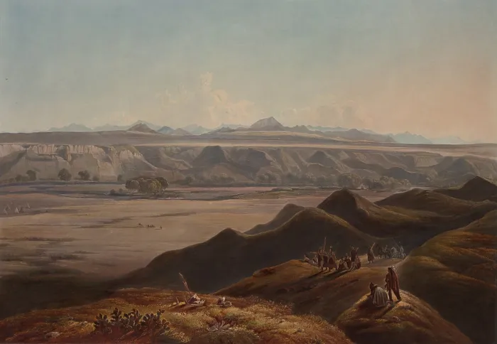 Framed Print : View of the Rocky Mountains, 1832-34 Native Americans are in nearby hills and flood plain. The source of the Missouri River is in the Rocky Mountains in southwestern Montana
