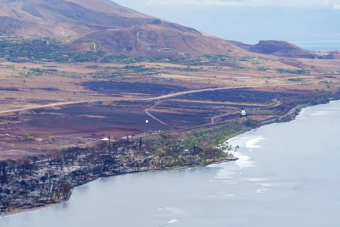 Framed Print : View of the ruins of Kahului, Hawaii, taken during the Marine One fly over fire damage, on August 21, 2023