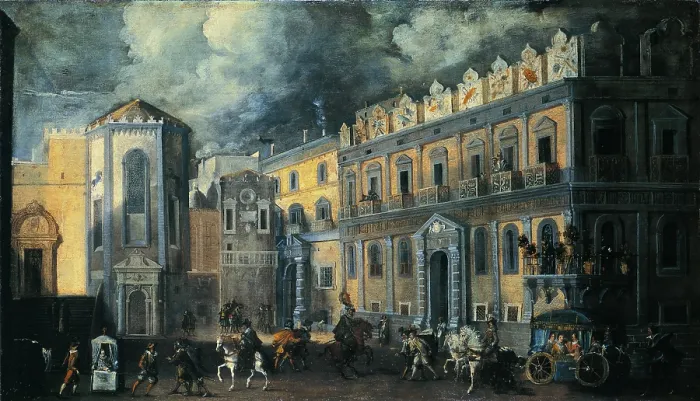 Framed Print : View of San Domenico Square with Palazzo Filomarino (Veduta di Piazza San Domenico con il Palazzo Filomarino), by Ascanio Luciani, 17th Century, oil on canvas