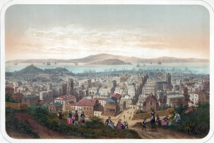 Framed Print : View of San Francisco, with people on foreground hill, and ships in bay. Ca. 1860