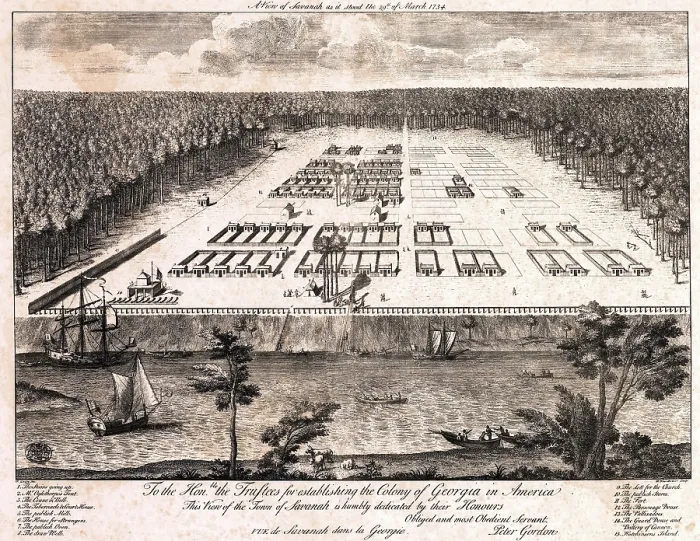 Framed Print : A view of Savannah, Georgia as it stood in 1734. Georgia was last founded of the original thirteen colonies Framed Print : A view of Savannah, Georgia as it stood in 1734. Georgia was last founded of the original thirteen colonies