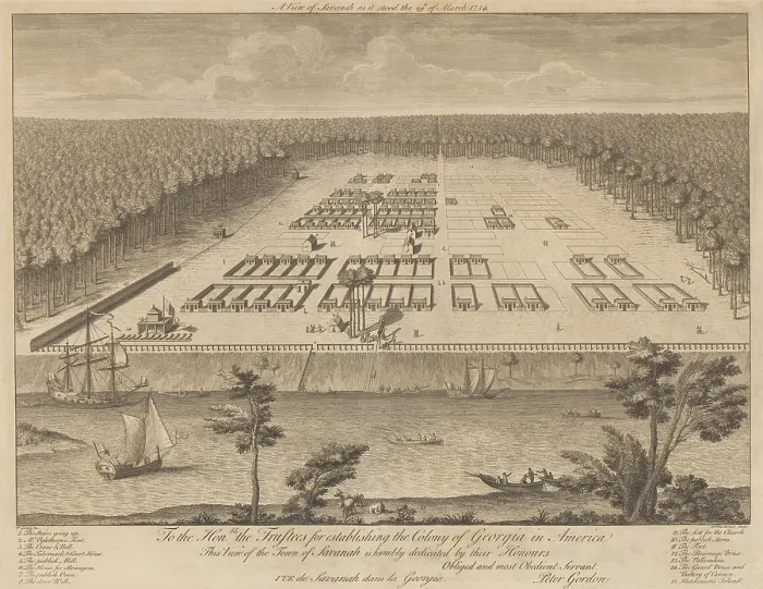 Framed Print : A View of Savannah as it stood the 29th of March, 1734. Engraving by Paul Fourdrinier. The partially built town has houses built on town lots with garden plots