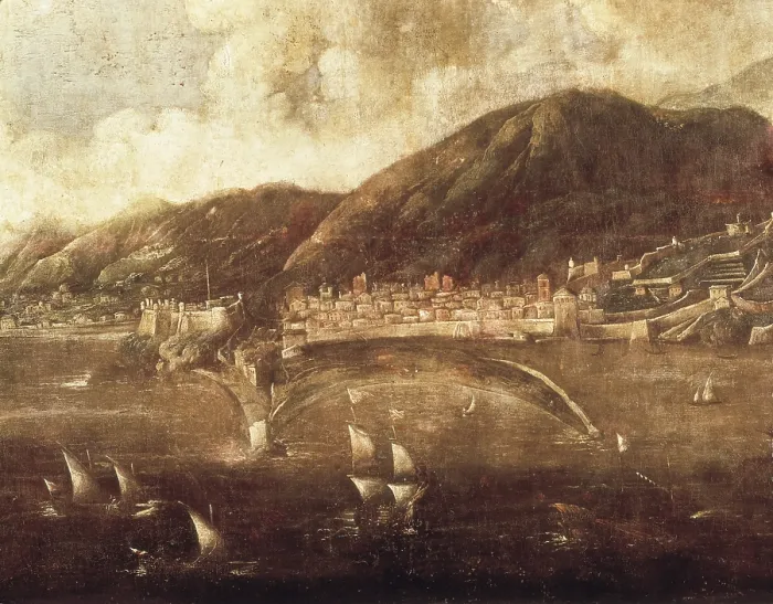 Framed Print : View of Savona from the sea in 15th c. Detail. Italian anonymous. Oil on canvas. ITALY. Genoa. Pegli. Navy Museum. - BeBa / Iberfoto / Everett Collection (347952)**US SALES ONLY**