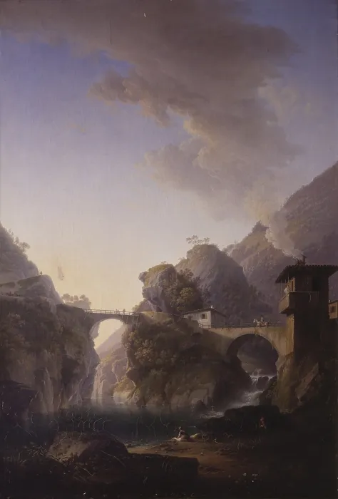 Framed Print : View from Sedrina bridges (Veduta dei ponti di Sedrina), by Marco Gozzi, 1833, 19th Century, oil on canvas. - Italy, Lombardy, Milan, Brera Collection. Whole artwork view