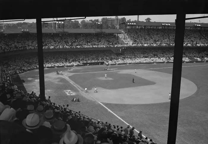 Framed Print : View from the stands of baseball game in Griffith Stadium, Washington, DC (BSLOC_2018_4_119)