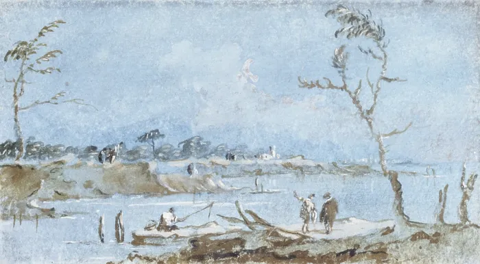 Framed Print : View of a Stream of Water and Fisherman, by Unknown Artist probably Giacomo Guardi, 18th Century, tempera on paper - Italy, Lombardy, Milan, Castello Sforzesco