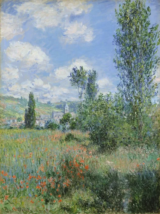 Framed Print : View of Vetheuil, by Claude Monet, 1880, French impressionist painting, oil on canvas. A footpath starts at lower right and disappears into the poppy field Framed Print : View of Vetheuil, by Claude Monet, 1880, French impressionist painting, oil on canvas. A footpath starts at lower right and disappears into the poppy field