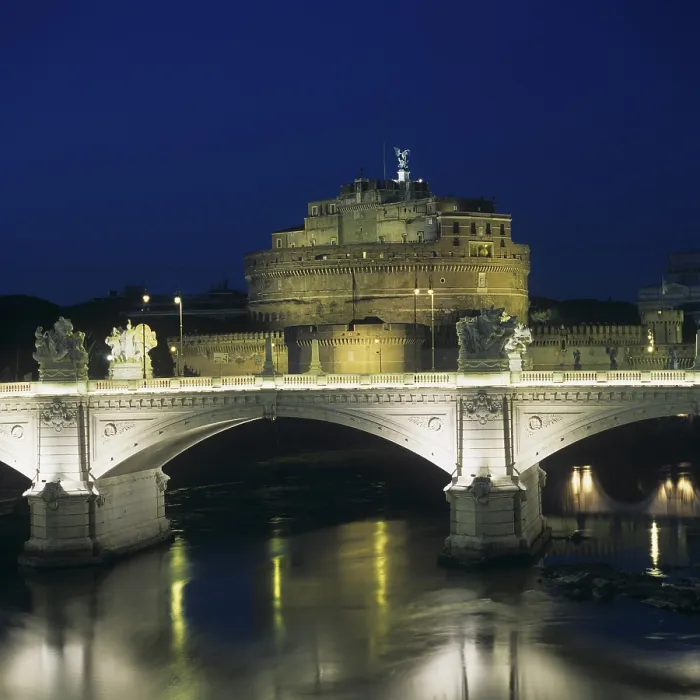 Framed Print : View of Vittorio Emanuele II Bridge and Castel Sant'Angelo, 1886 - 1911, 19th - 20th Century, marble - Italy, Lazio, Rome. Detail. Night view