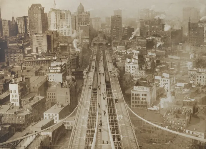 Framed Print : View from west tower of the Brooklyn Bridge shows the long reach of its roadway into Manhattan, c. 1910. (BSLOC_2018_2_166)