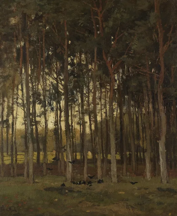 Framed Print : View in the Woods, by Theophile de Bock, c. 1870-1904, Dutch painting, oil on canvas. Forest scene with crows on the ground between high narrow trees (BSLOC_2016_1_139) Framed Print : View in the Woods, by Theophile de Bock, c. 1870-1904, Dutch painting, oil on canvas. Forest scene with crows on the ground between high narrow trees (BSLOC_2016_1_139)