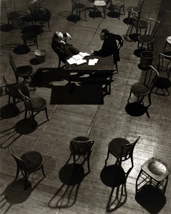Framed Print : Viewed from above, actor Morris Carnovsky, and director Lee Strasberg, discuss the play, The Case of Clyde Griffiths Framed Print : Viewed from above, actor Morris Carnovsky, and director Lee Strasberg, discuss the play, The Case of Clyde Griffiths