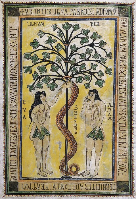Framed Print : Vigilian or Albelda Codex. 10th c. Depiction of Adam and Eve at the original sin. Preromanesque art. Miniature Painting. SPAIN. San Lorenzo de El Escorial Framed Print : Vigilian or Albelda Codex. 10th c. Depiction of Adam and Eve at the original sin. Preromanesque art. Miniature Painting. SPAIN. San Lorenzo de El Escorial