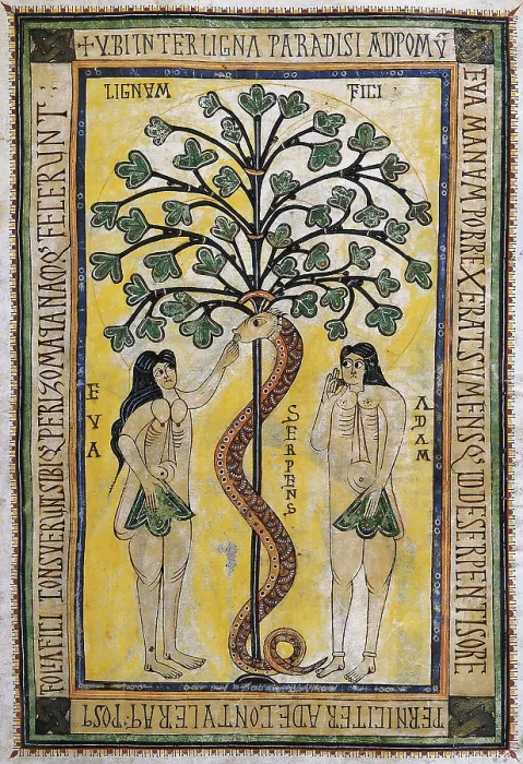 Framed Print : Vigilian or Albelda Codex. 10th c. Depiction of Adam and Eve at the original sin. Mozarabic art. ; Preromanesque art. Miniature Painting. SPAIN. San Lorenzo de El Escorial