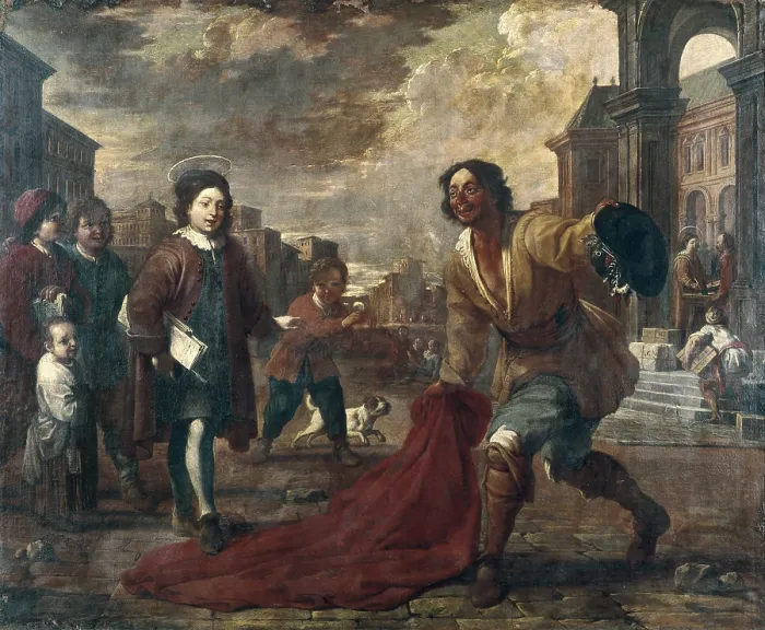 Framed Print : VILADOMAT i MANALT, Antoni (1678-1755). A Madman Lays Down his Cape for the Infant Saint Francis to Walk Upon. Baroque art. Oil on canvas. SPAIN. Barcelona