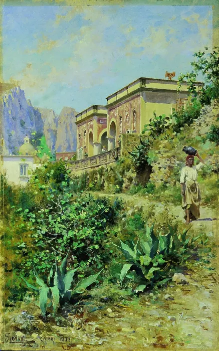 Framed Print : Villa Pompeiana in Capri (Villa Pompeiana a Capri), by Augusto Lovatti, 1888, 19th Century, oil on canvas - Whole artwork view